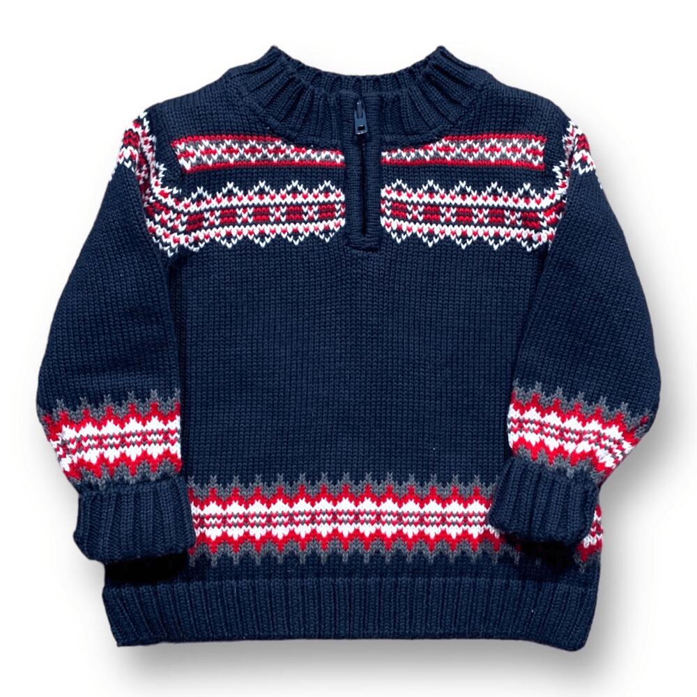 Infant Lands End Sweater Blue Fair Isle Quarter Zip Mock Neck Knit Heritage